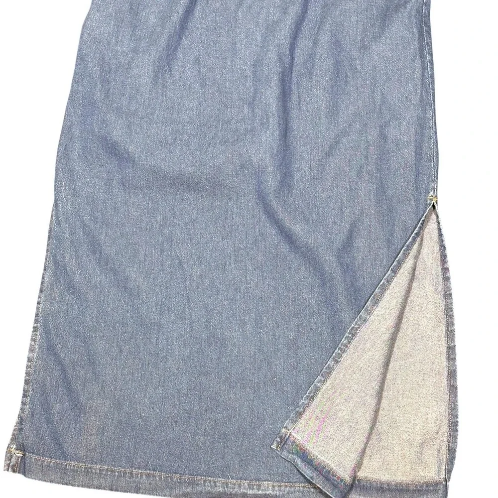 1990s Better Than Basic Denim Medium Maxi Skirt  Blue Modest Side Slit‎ Pockets